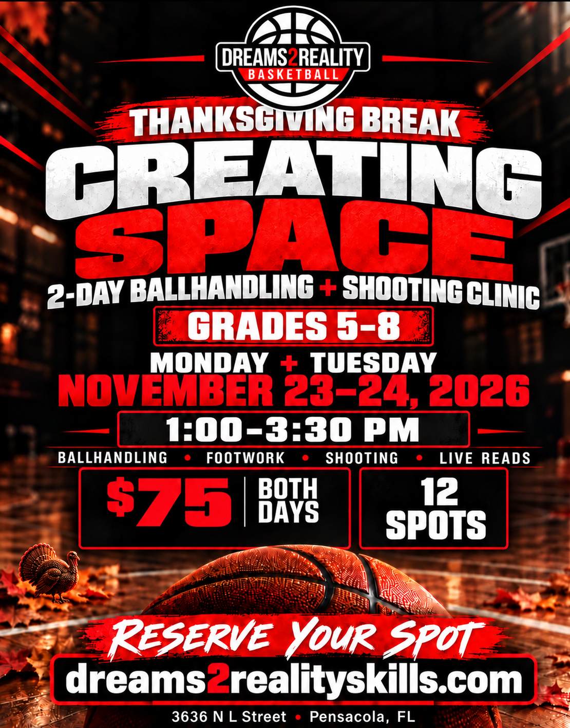 Creating Space two-day ballhandling and shooting clinic for grades 5 through 8, November 23 and 24, 2026, 1:00 to 3:30 PM