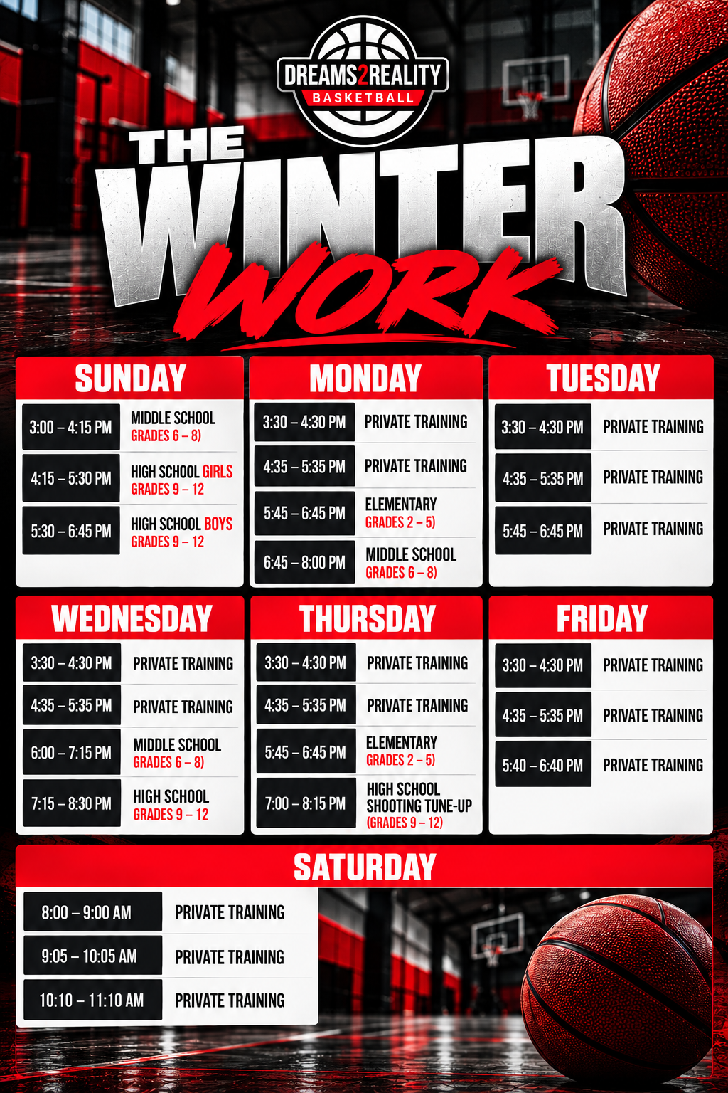 DREAMS2REALITY Winter Work weekly basketball training schedule effective November 1st